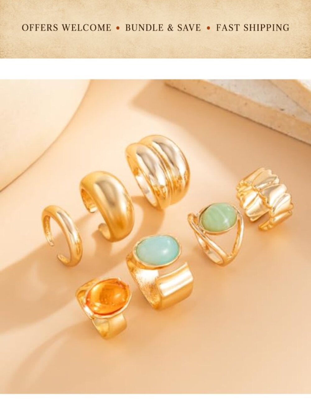 Chunky Gold Crystal Stackable Ring Set Natural Stone Adjustable - Picture 4 of 6